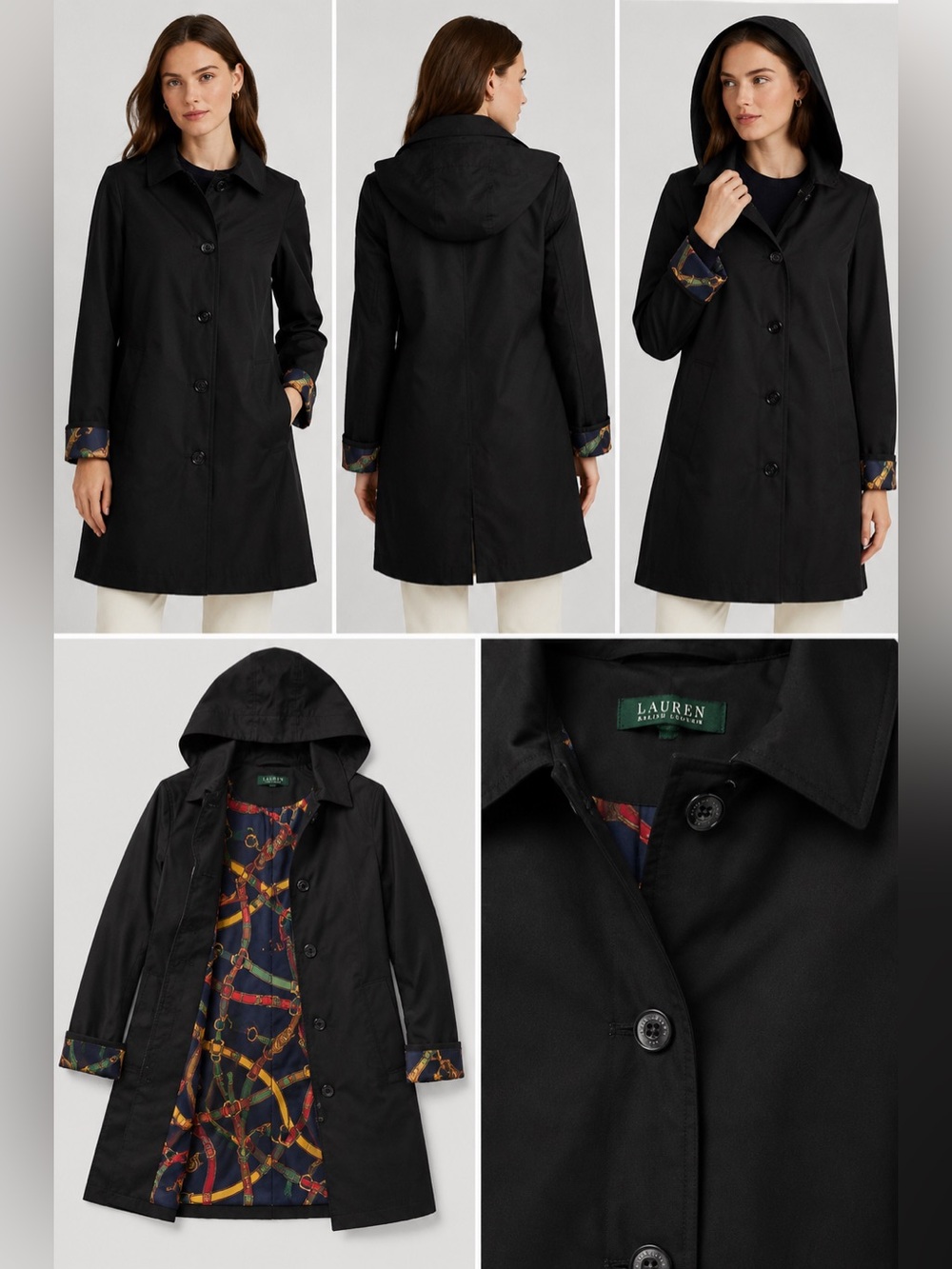 Lauren Ralph Lauren Black Hooded Raincoat Equestrian Scarf Lining Coat Large